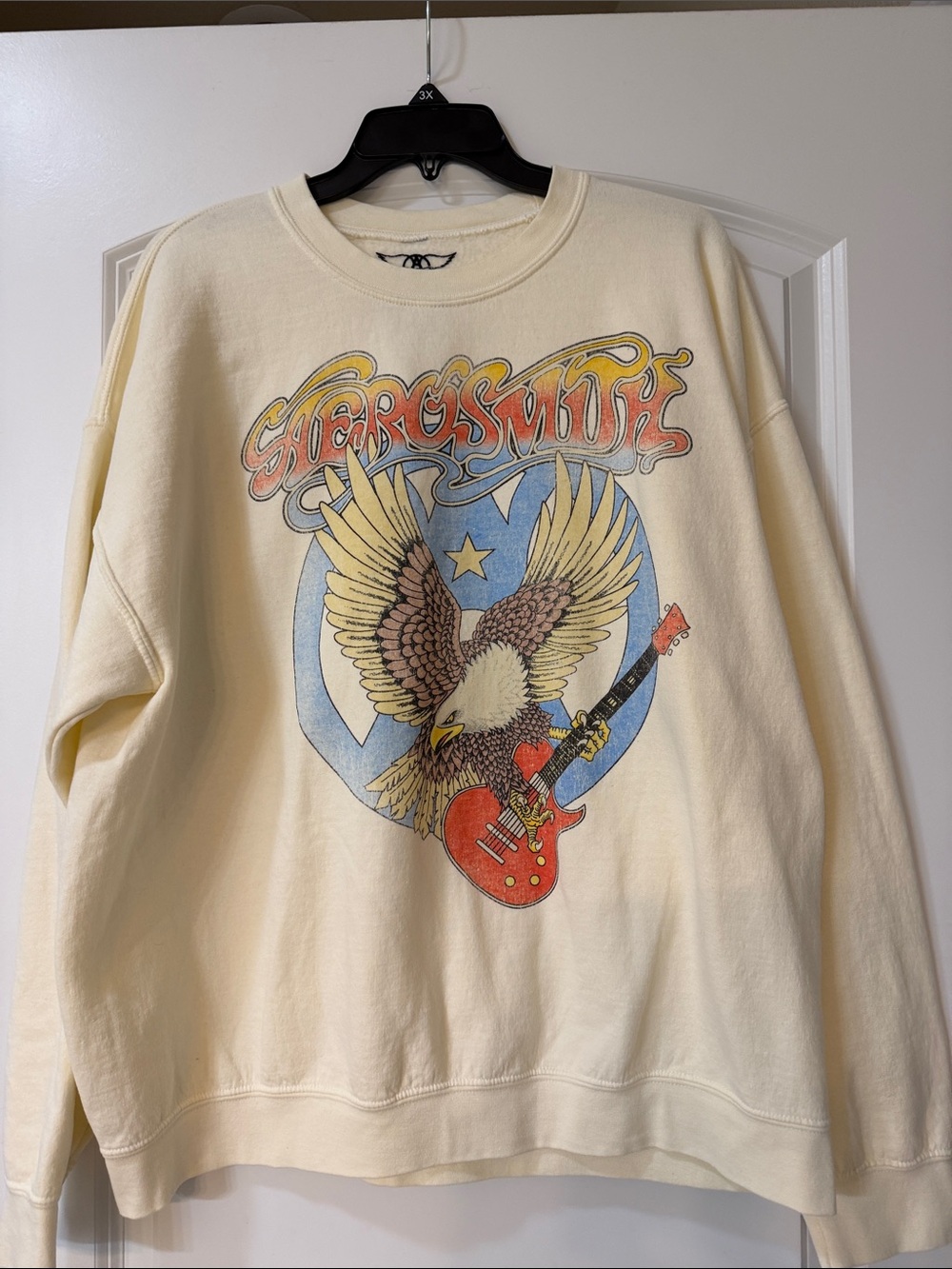 Altar'd State Cream Graphic Crewneck with Red Guitar and Blue Emblem